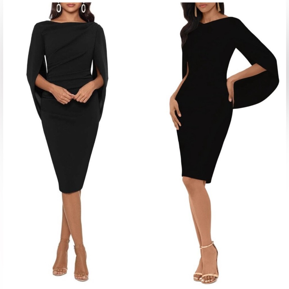 NWT Betsy & Adam Ruched Scuba Crepe Drape Back Sleeve Midi Dress in Black